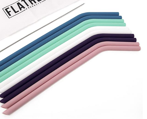 Flathead Pajitas de silicona reutilizables rectas (juego de 10) - Compatible con un vaso de 20 onzas - Viene con un cepillo de pajitas para limpieza