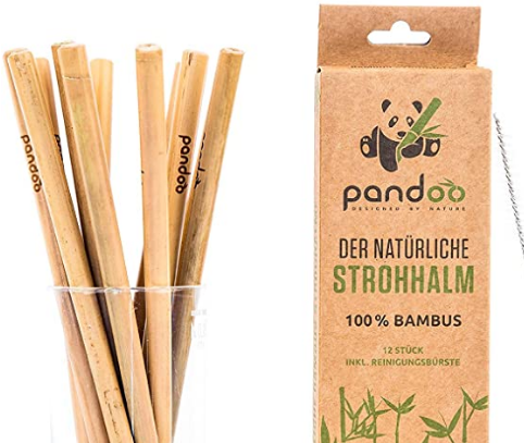 Pandoo Paquete de 12 pajitas 100% de bambú, incluido cepillo de limpieza - pajitas de beber reutilizables y ecológicas - 100% biodegradable