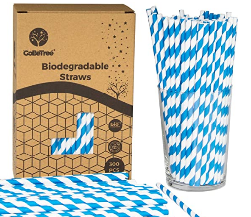 GoBeTree 300 Pajitas de Papel biodegradables con Rayas Azules, Pajita Desechables ecológicas compostables. Cañitas para Fiestas, cumpleaños y Celebraciones. Bebidas frías y Calientes.
