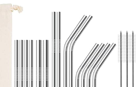 TABIGER Pajitas de acero inoxidable, Juego de pajitas reutilizables con 14 pajitas de metal, 3 cepillos de limpieza y 1 bolsa de almacenamiento, no tóxicas y lavables pajitas para bebidas, jugo